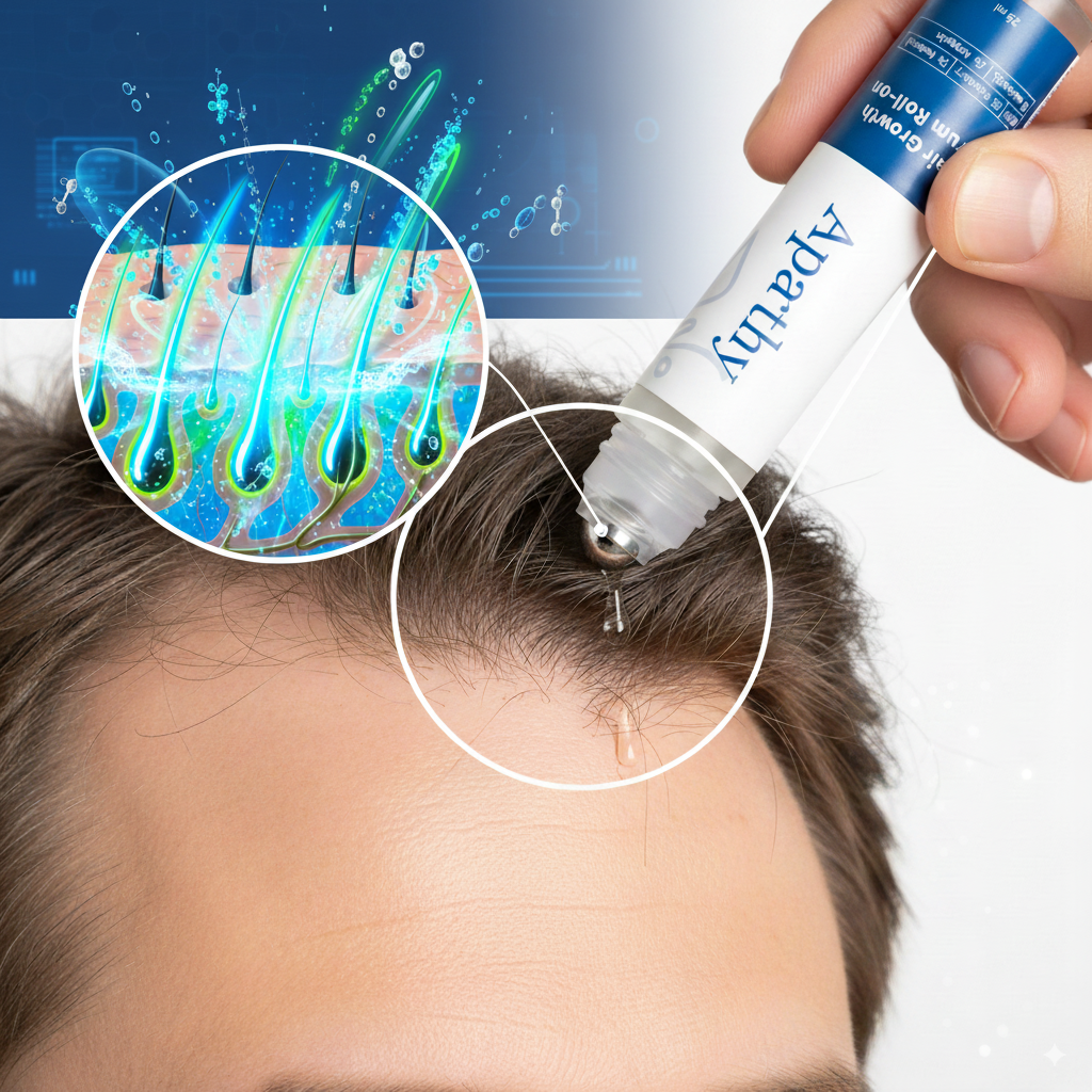 Hair treatment application with a close-up of hair follicles illustration.