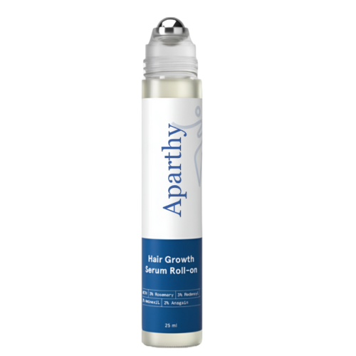 Aparthy Hair Growth Serum Roll-on bottle, 25 ml, with a blue and white label.