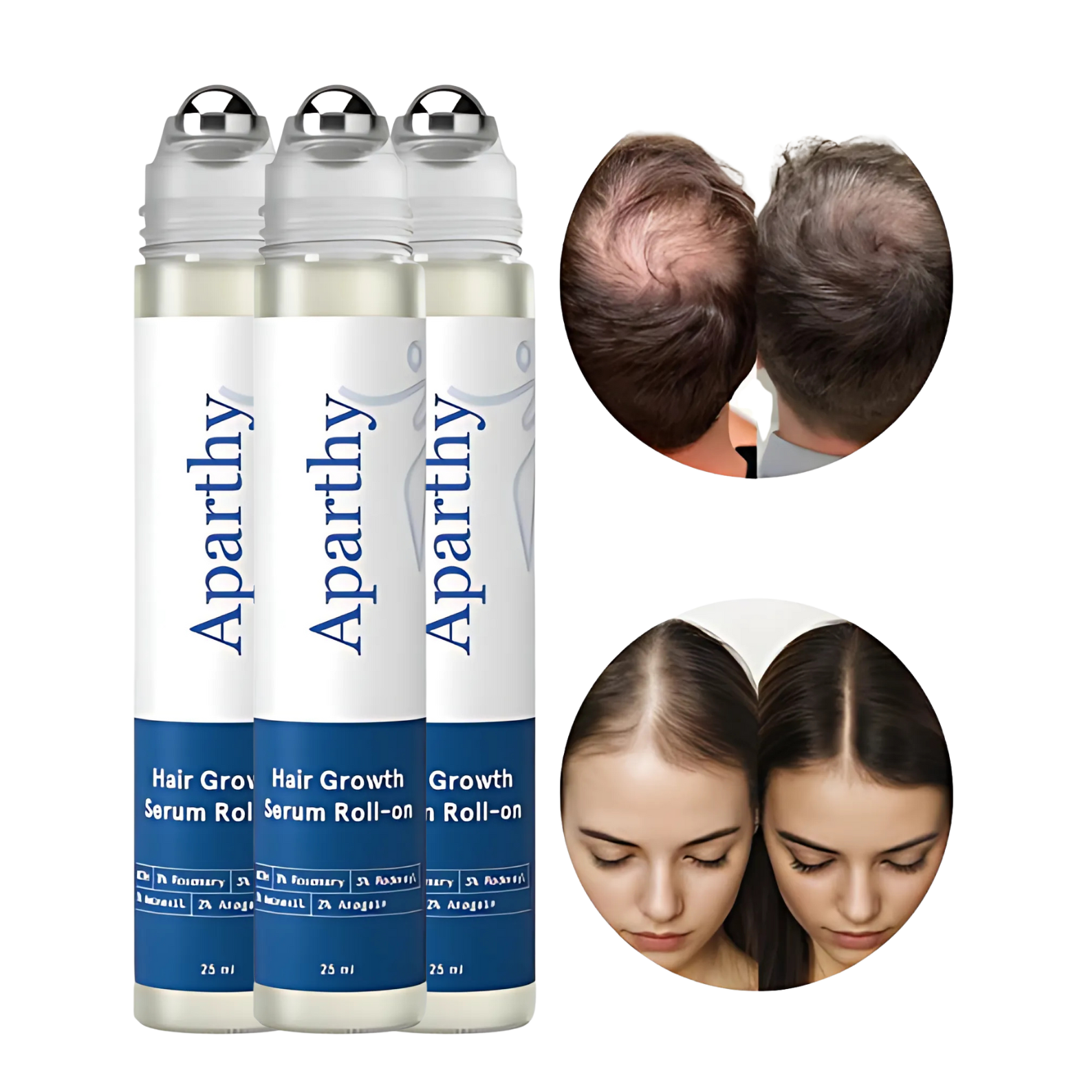 Three hair growth serum bottles with before-and-after images of improved hair.