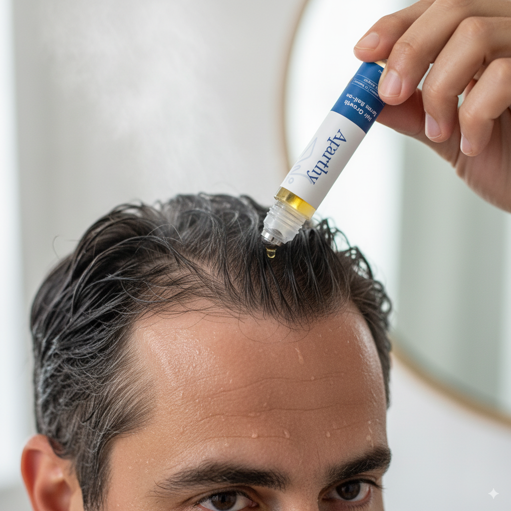 Person applying hair serum to scalp using a bottle with a roller applicator.
