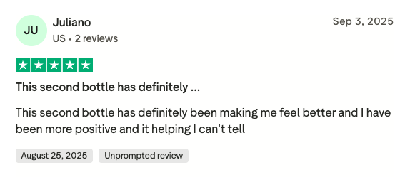 A product review with five stars, user Juliano, dated September 3, 2025.