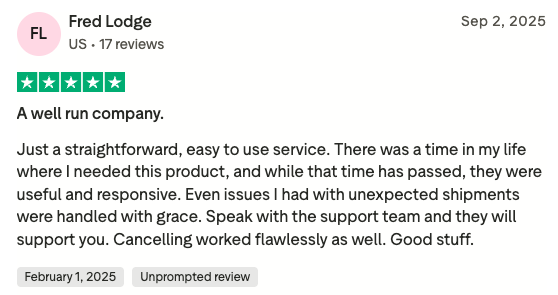 Customer review with five-star rating and detailed feedback.