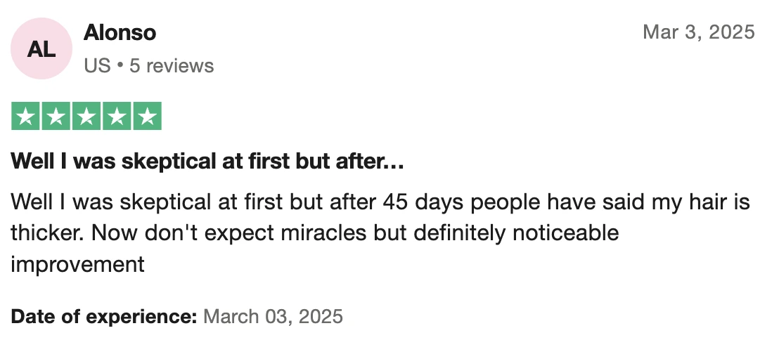 A five-star product review with text about hair improvement over 45 days by a user named Alonso.