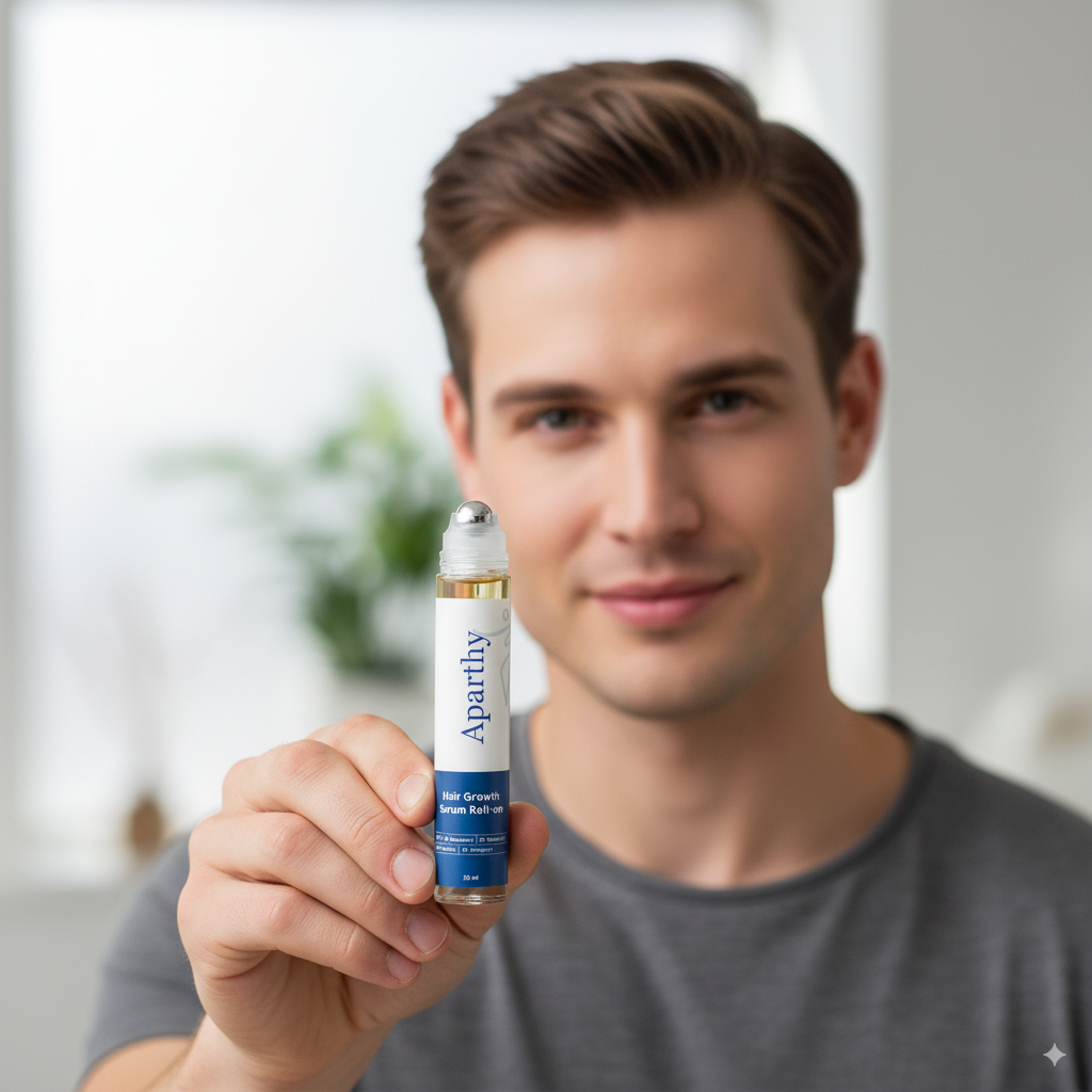 Person holding a blue and white hair growth serum roll-on.