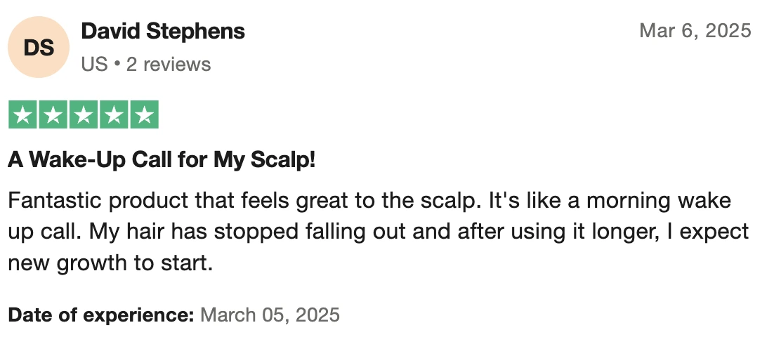 A five-star review of a hair growth product with positive feedback.