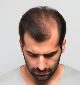 Man looking down, showing thinning hair on top of his head.
