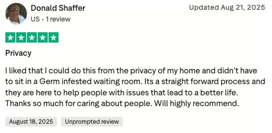 A Trustpilot review with five stars, user comment on privacy, and a date of August 18, 2025.