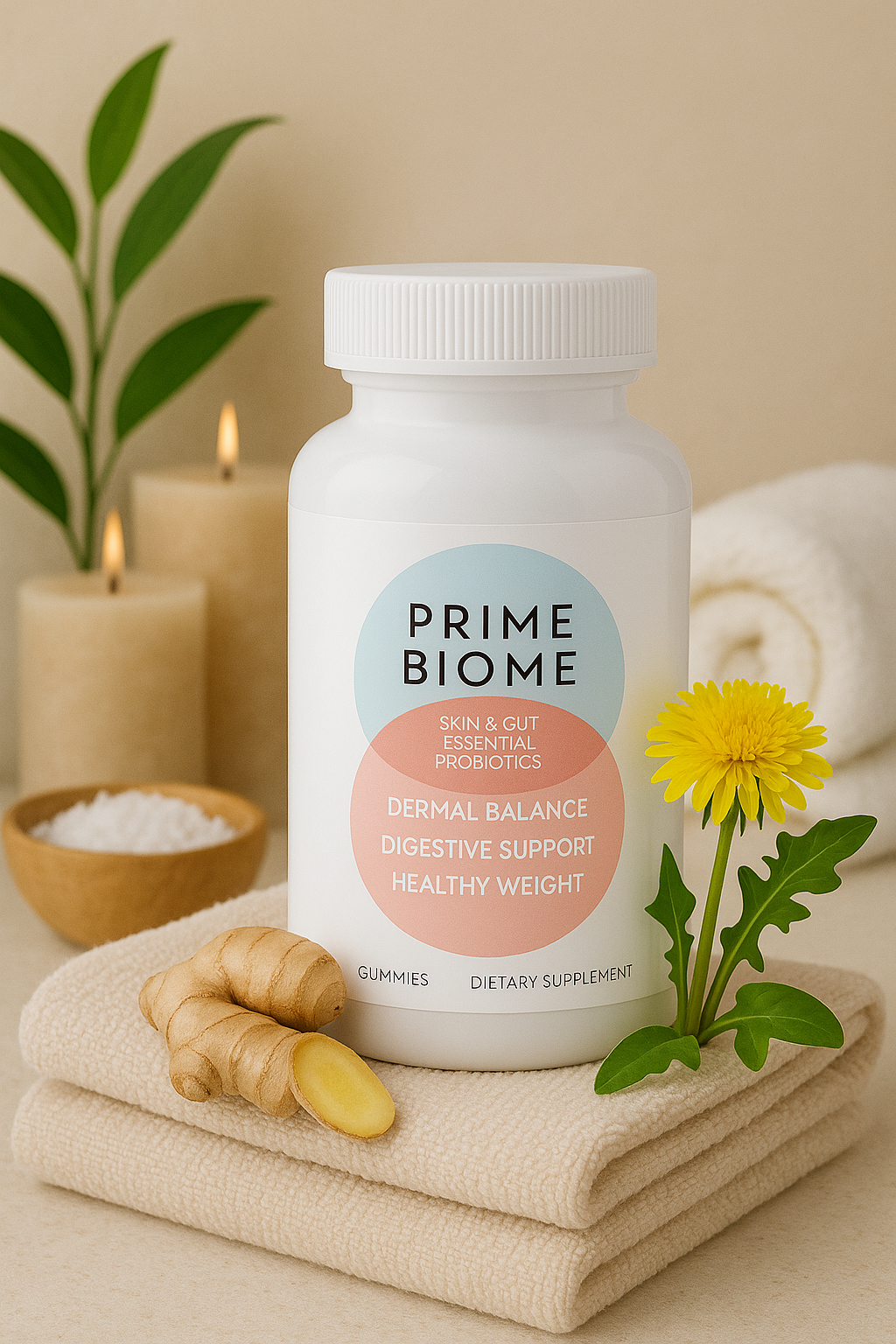 Supplement bottle with ginger, dandelion, candles, and towels in a spa-like setting.