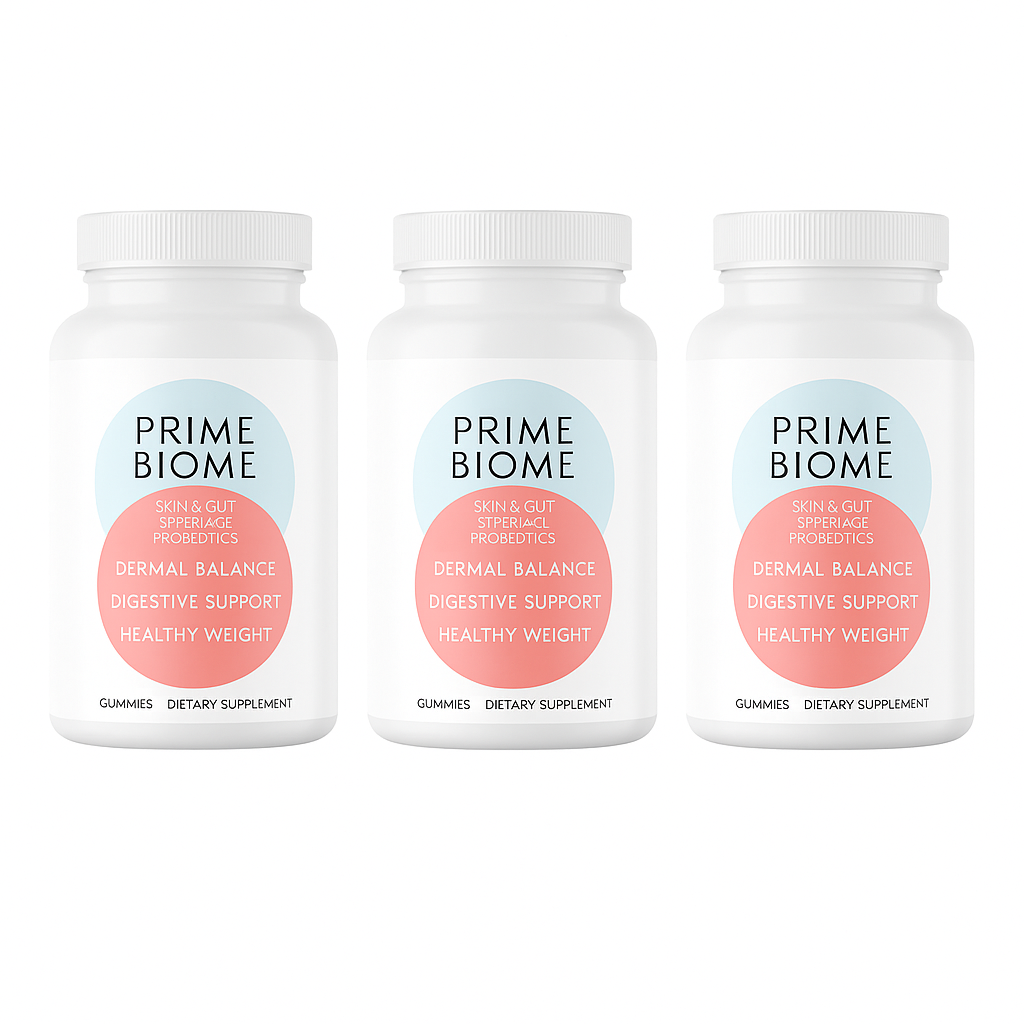 Three bottles of Prime Biome dietary supplements.