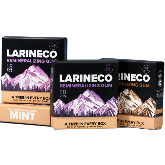 Three boxes of Larineco Remineralizing Gum in different flavors are stacked against a white background.