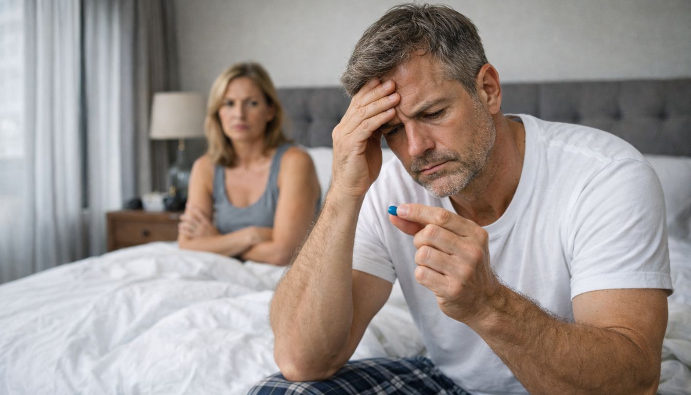 A concerned man looks at a blue pill while a woman sits in the background on a bed.
