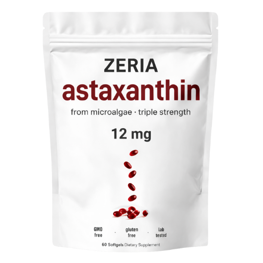 A white resealable pouch of Zeria Astaxanthin 12 mg softgels, a dietary supplement.