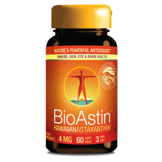 A bottle of BioAstin Hawaiian Astaxanthin dietary supplement, containing 60 soft gels.