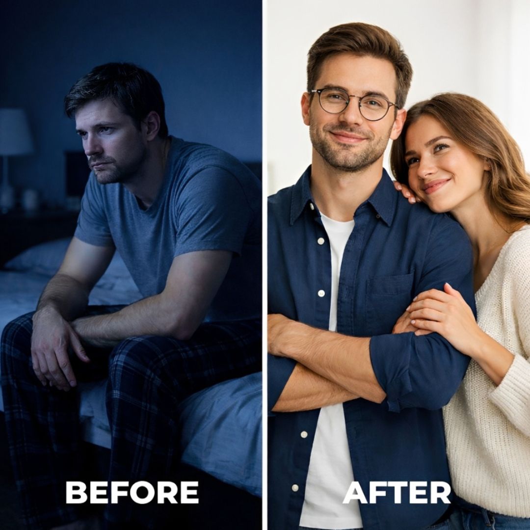 A before-and-after image showing a man looking sad and alone, then happy with a woman.