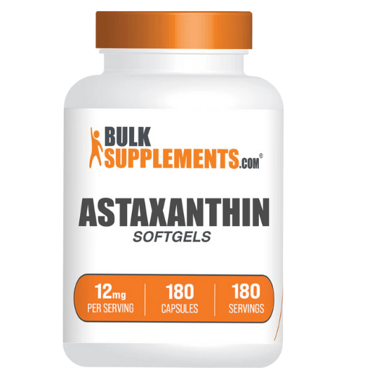 A bottle of BulkSupplements.com Astaxanthin softgels, containing 180 capsules.