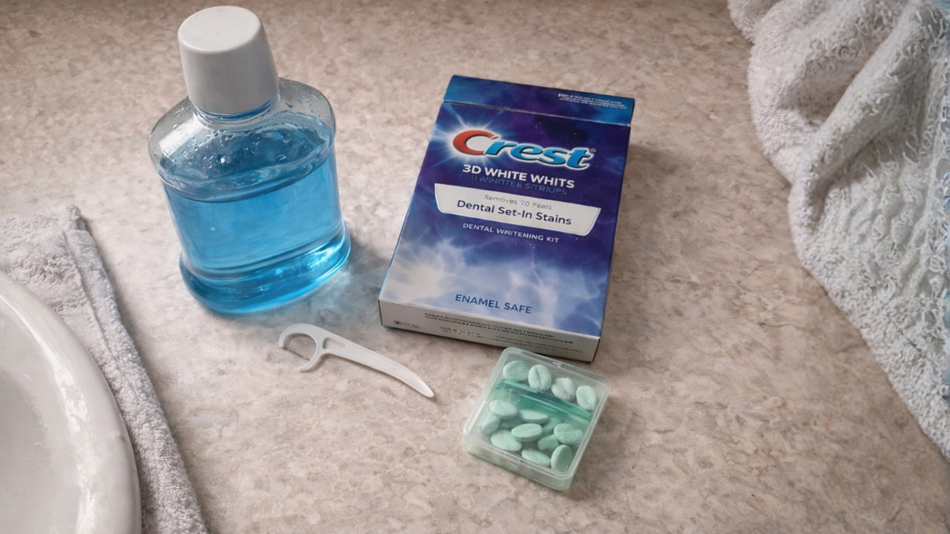 An arrangement of dental care products, including Crest Whitestrips and mouthwash, on a bathroom counter.