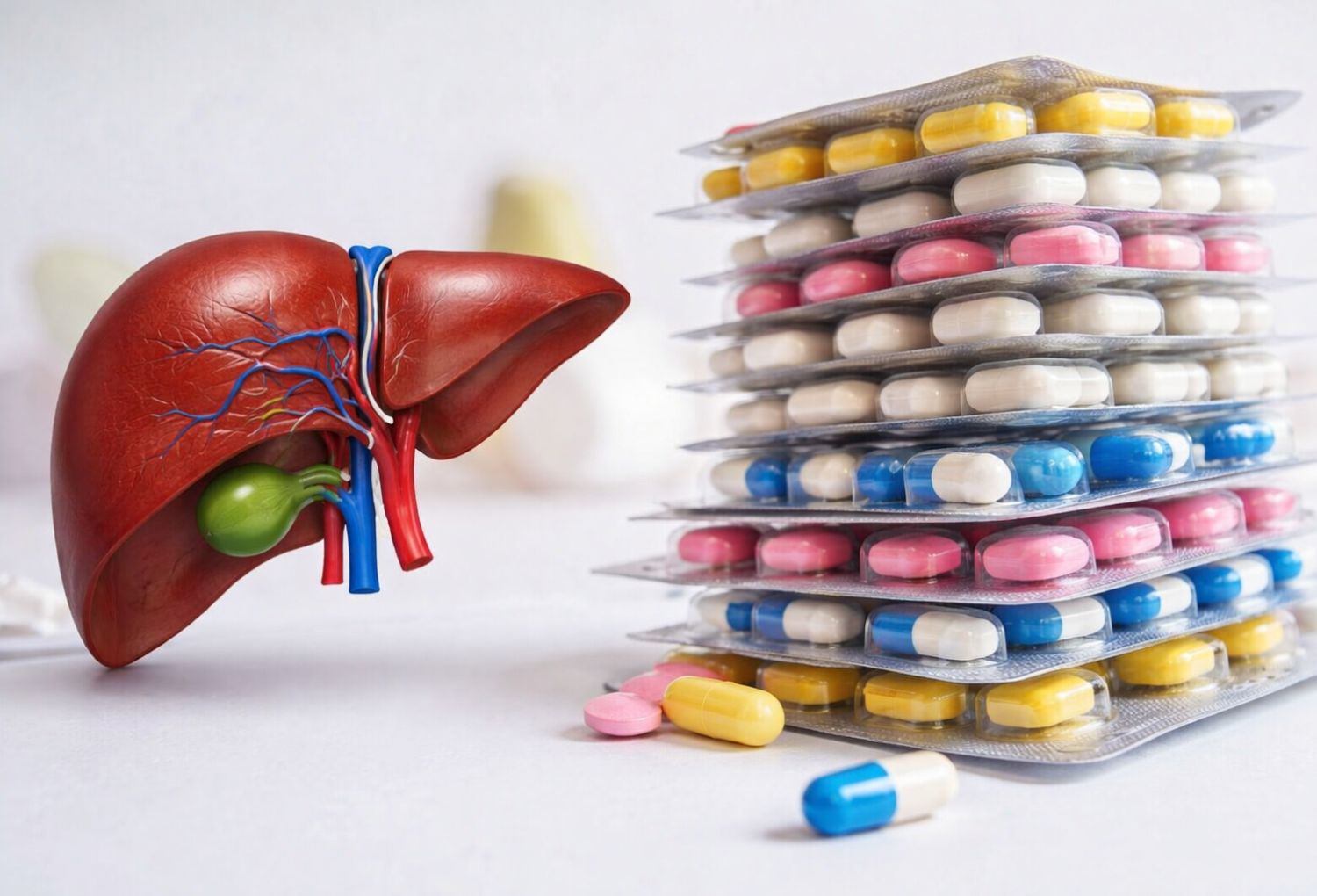 A cross-section model of a human kidney next to a tall stack of pills in blister packs.