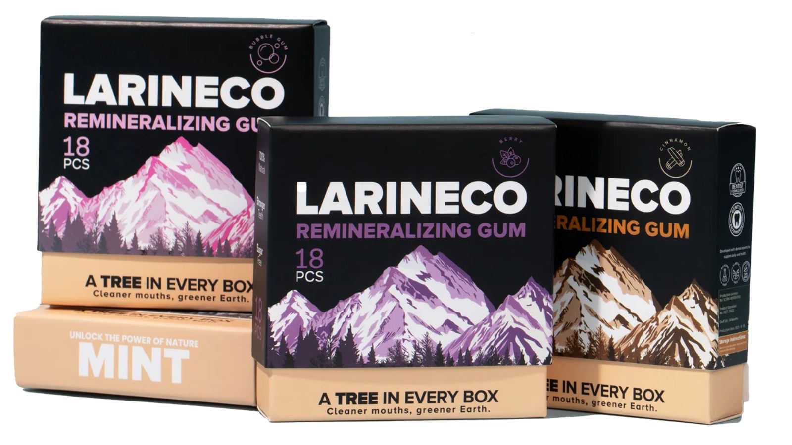 Several boxes of Larineco Remineralizing Gum in different flavors are displayed against a white background.