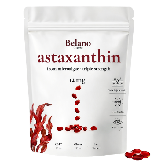 A white pouch of Belano Organics Astaxanthin 12 mg capsules, with red microalgae and gelcaps.
