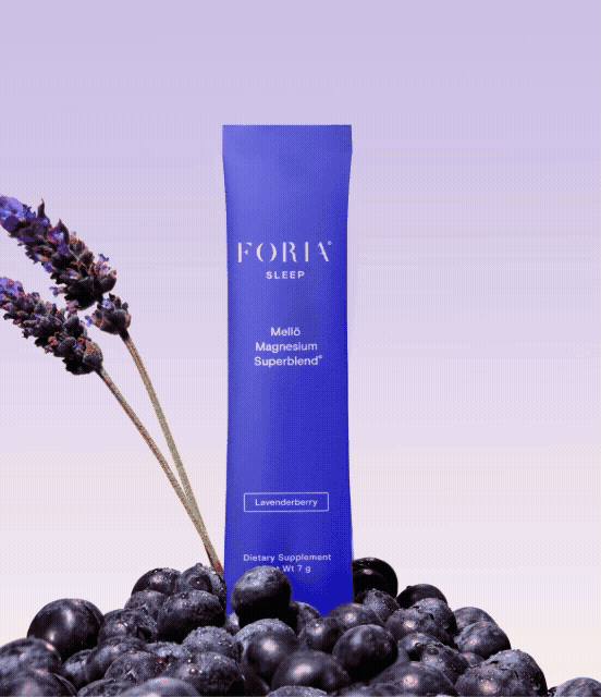 Purple packet labeled 'Foria Sleep' with lavender and berries.