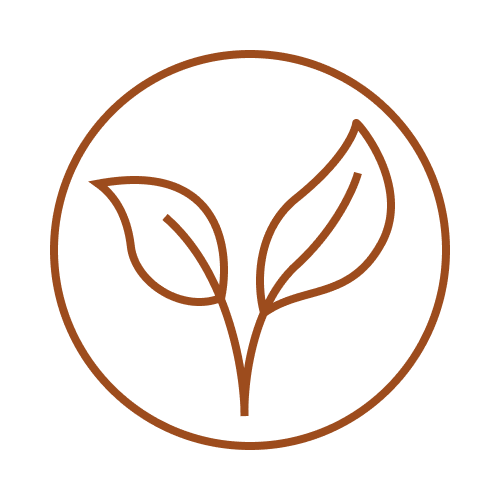 Simple line drawing of a plant with two leaves inside a circle.