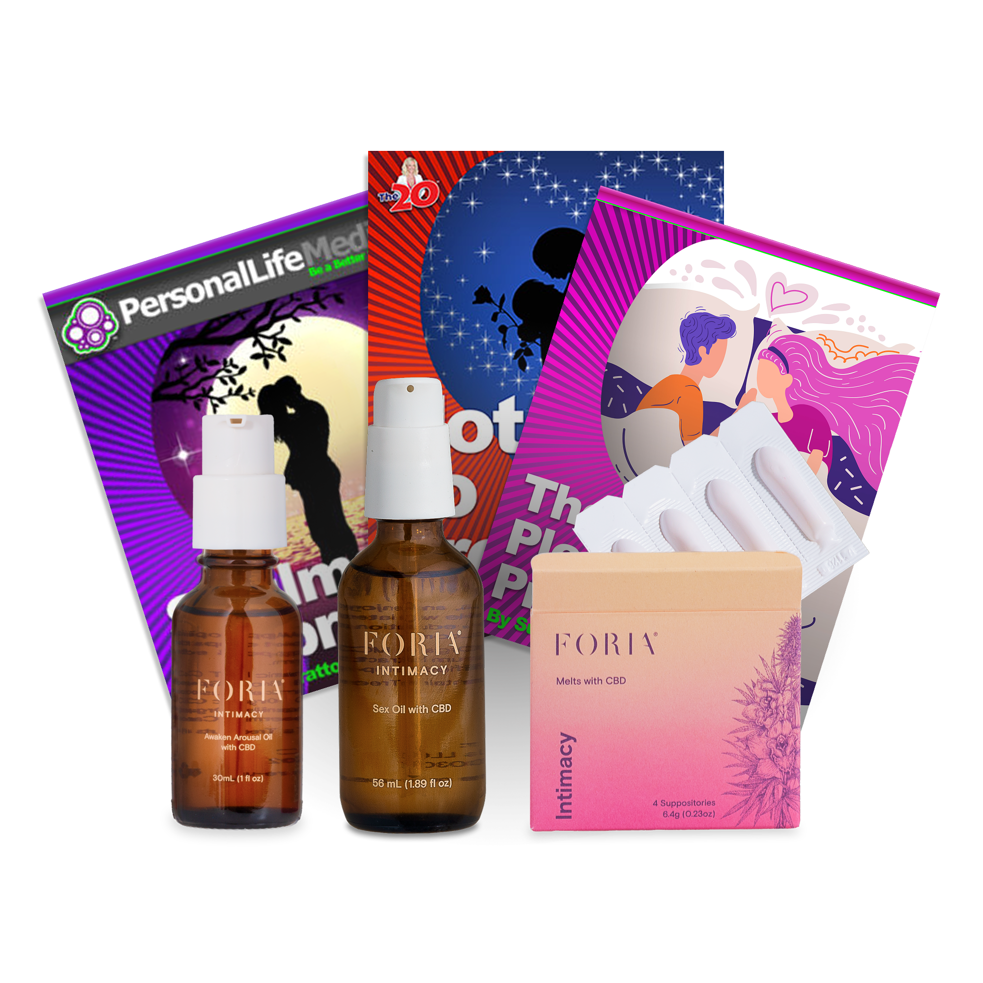 Assorted intimacy products including oils, supplements, and books with colorful packaging.