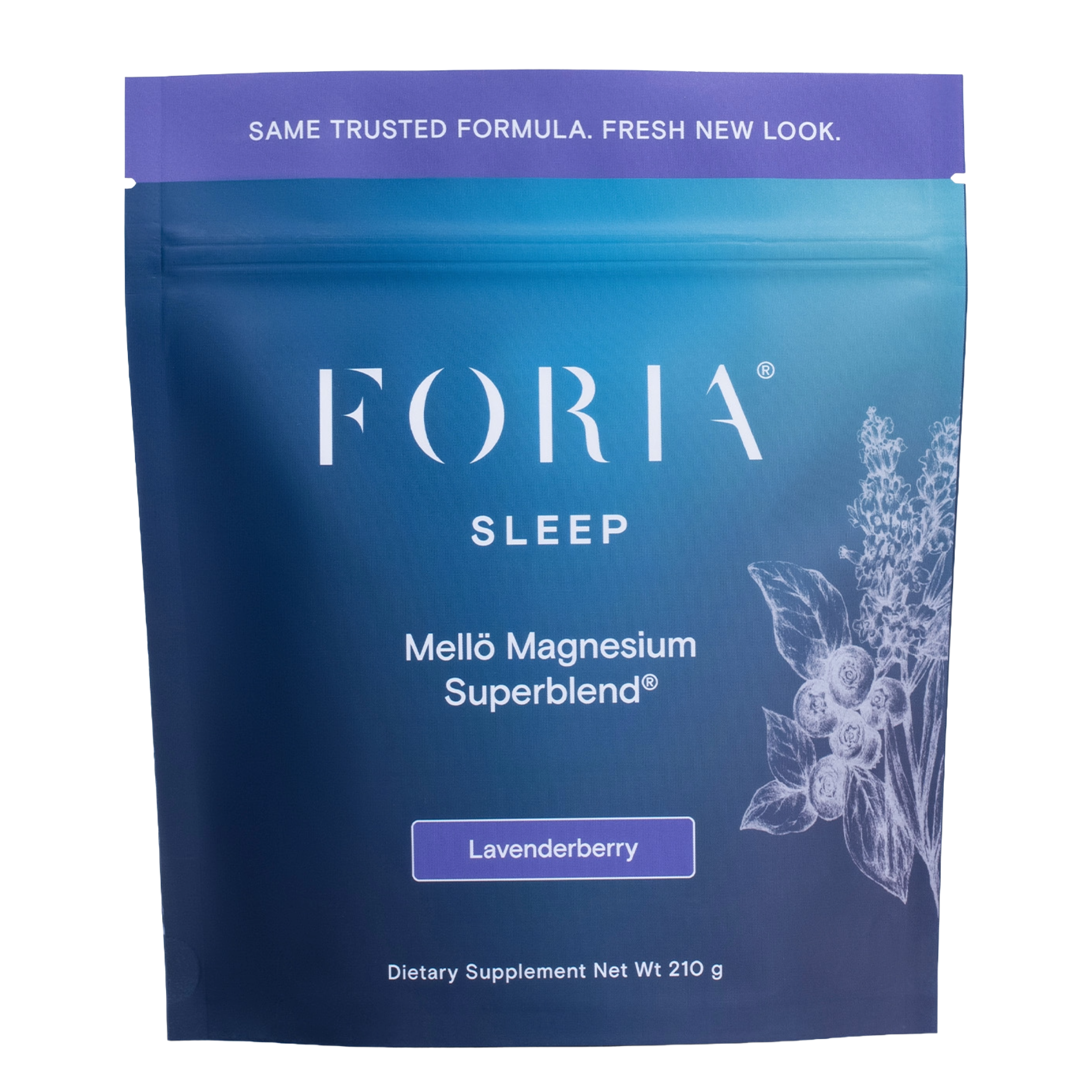 Blue packaging of Foria Mellö Magnesium Superblend with lavenderberry flavor.