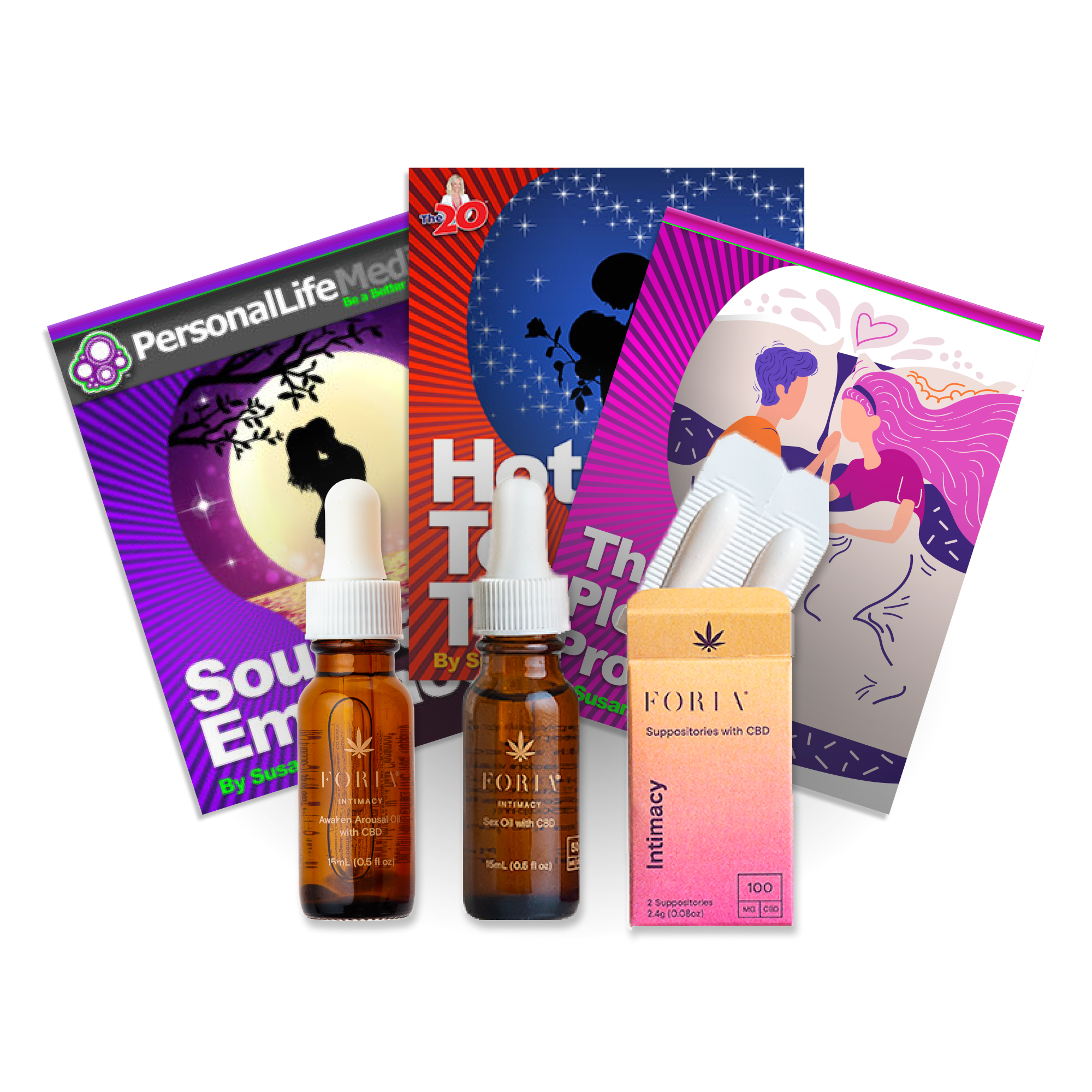 Books and CBD products with colorful packaging and illustrations.