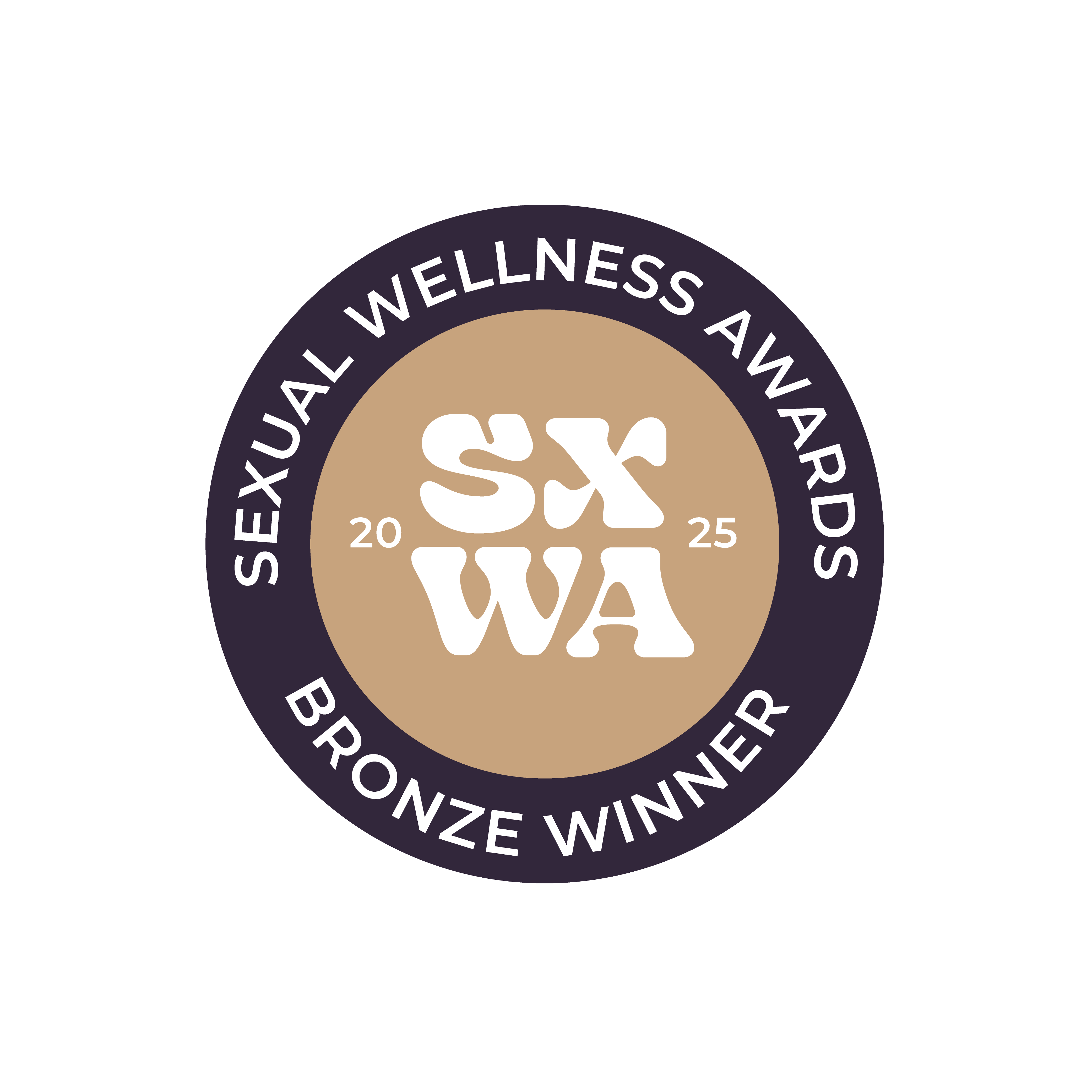 A circular logo for the Sexual Wellness Awards 2025, indicating a Bronze Winner on a green background.