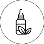 Icon of a dropper bottle with leaves inside a circle.