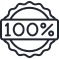 A black and gray badge with '100%' centered inside it.