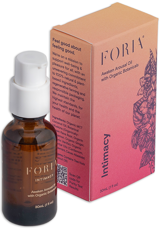 Bottle of Foria intimacy oil and its packaging box.