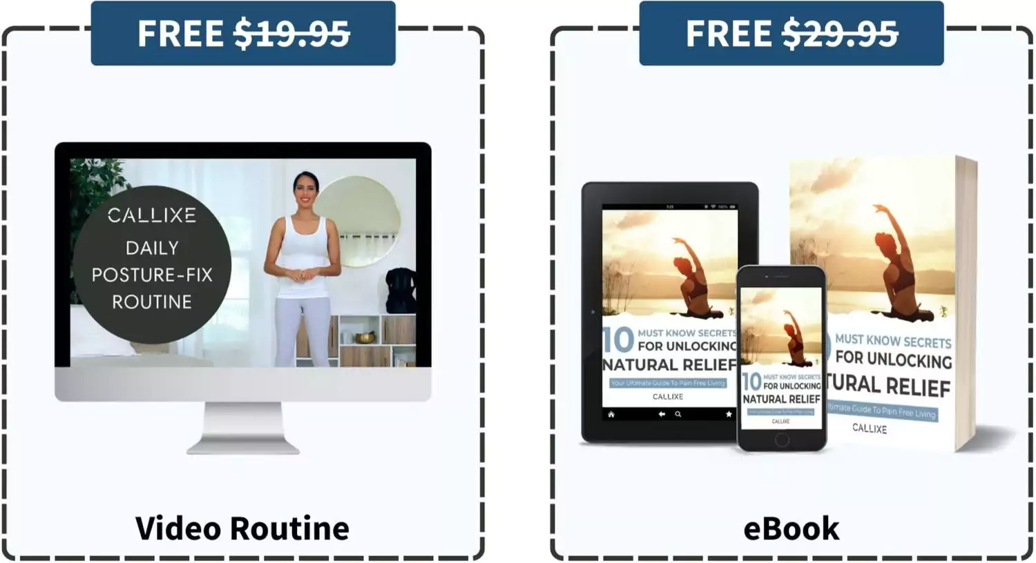 Image showing a video routine and eBook offer with crossed-out prices.
