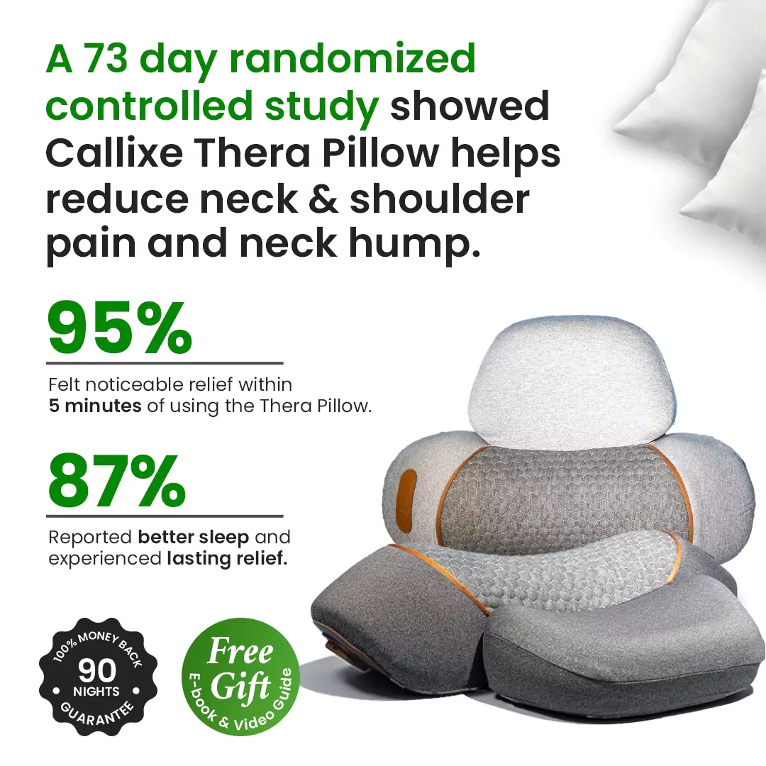 Promotional image of Callixe Thera Pillow with study results and product benefits.