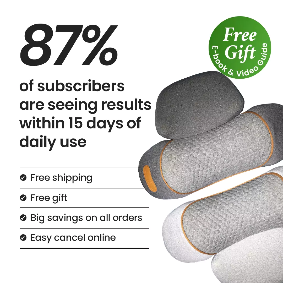 Promotional image with text about subscriber results and benefits, featuring gray cushions.