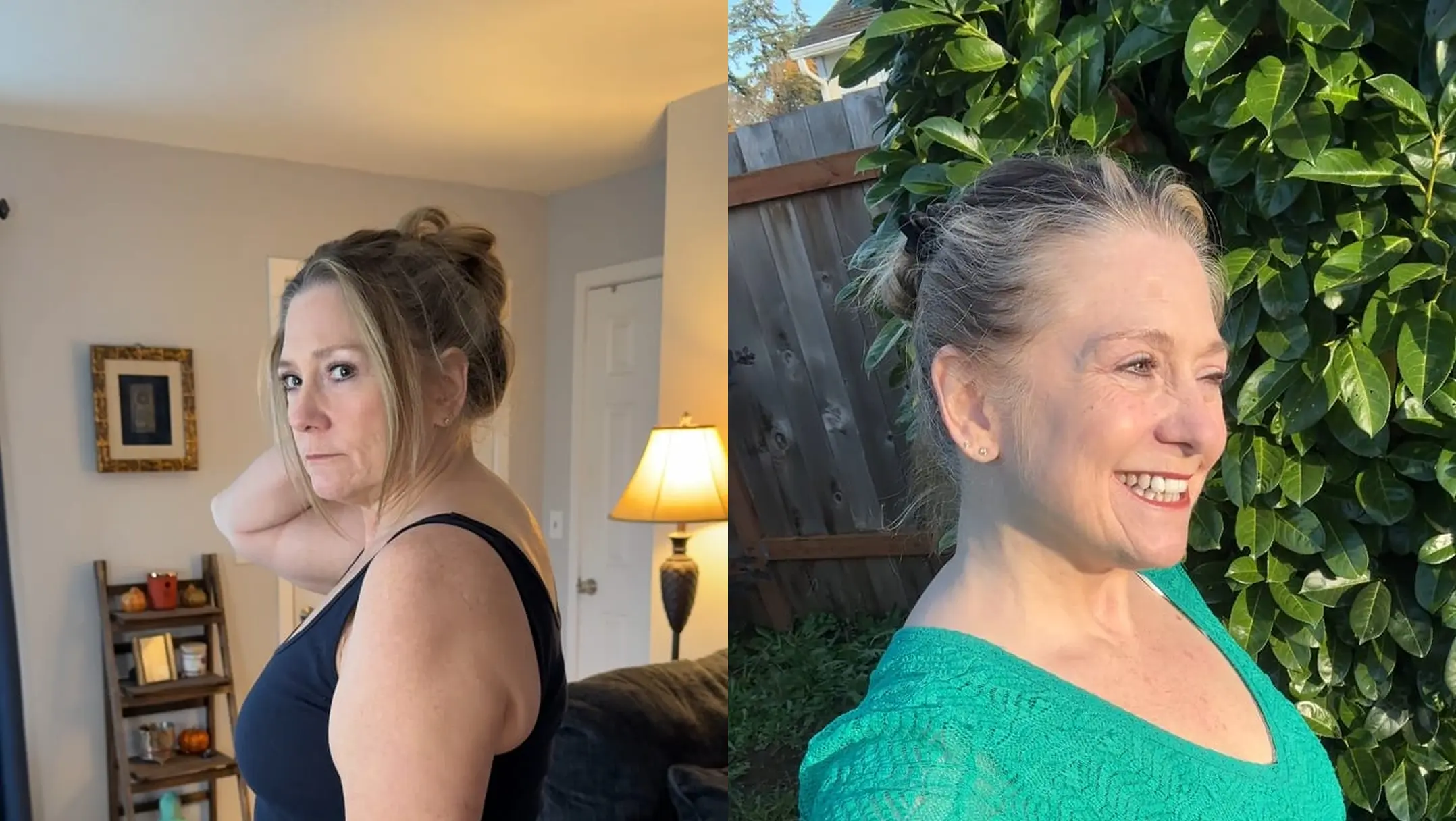 Two side-by-side images of a woman indoors and outdoors, smiling in the second image.