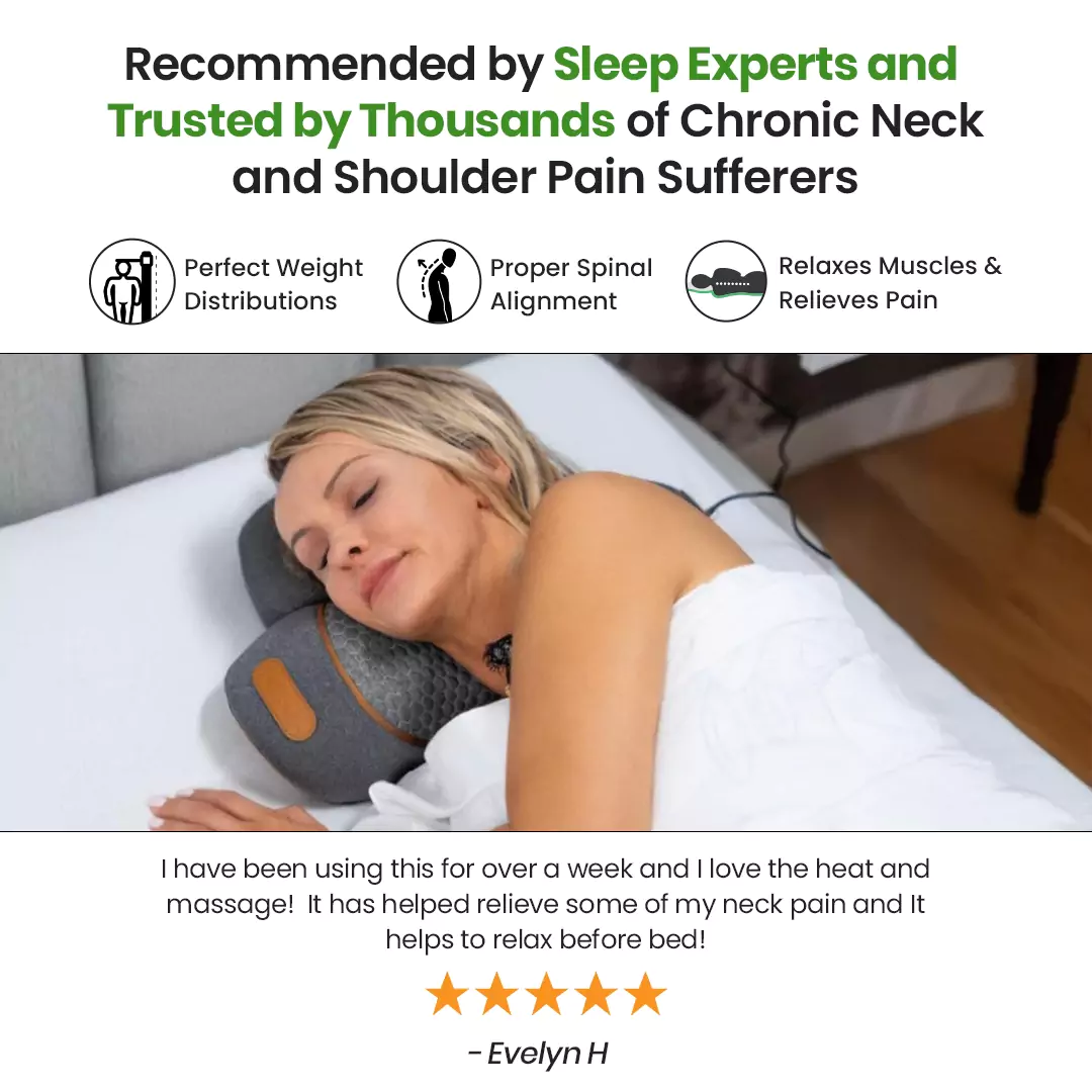 Woman lying on a bed using a neck support pillow.