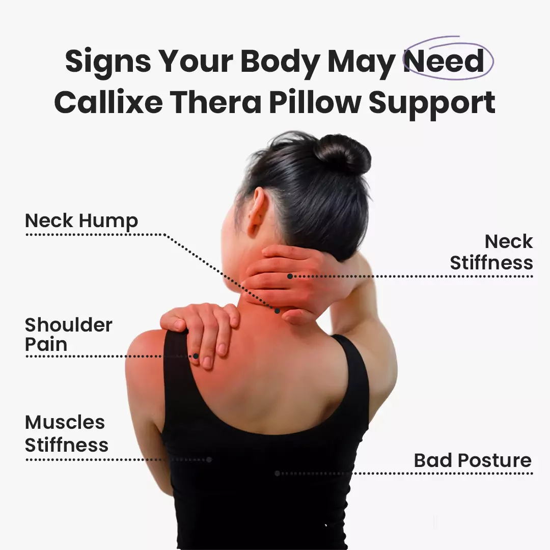 Woman holding neck and shoulder with text about body pain and posture issues.