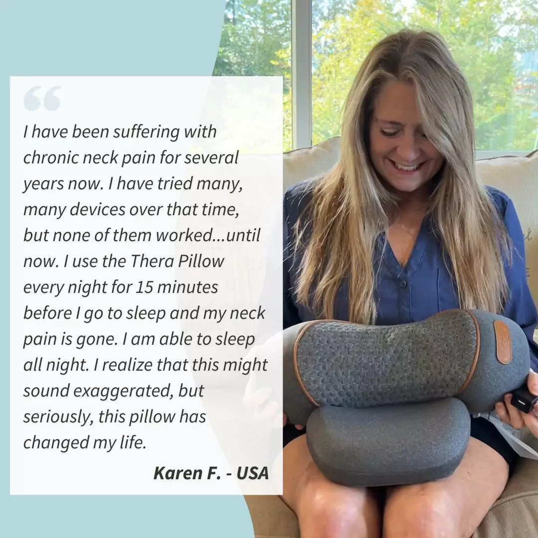 Woman smiling, holding a pillow, with a testimonial about neck pain relief beside her.