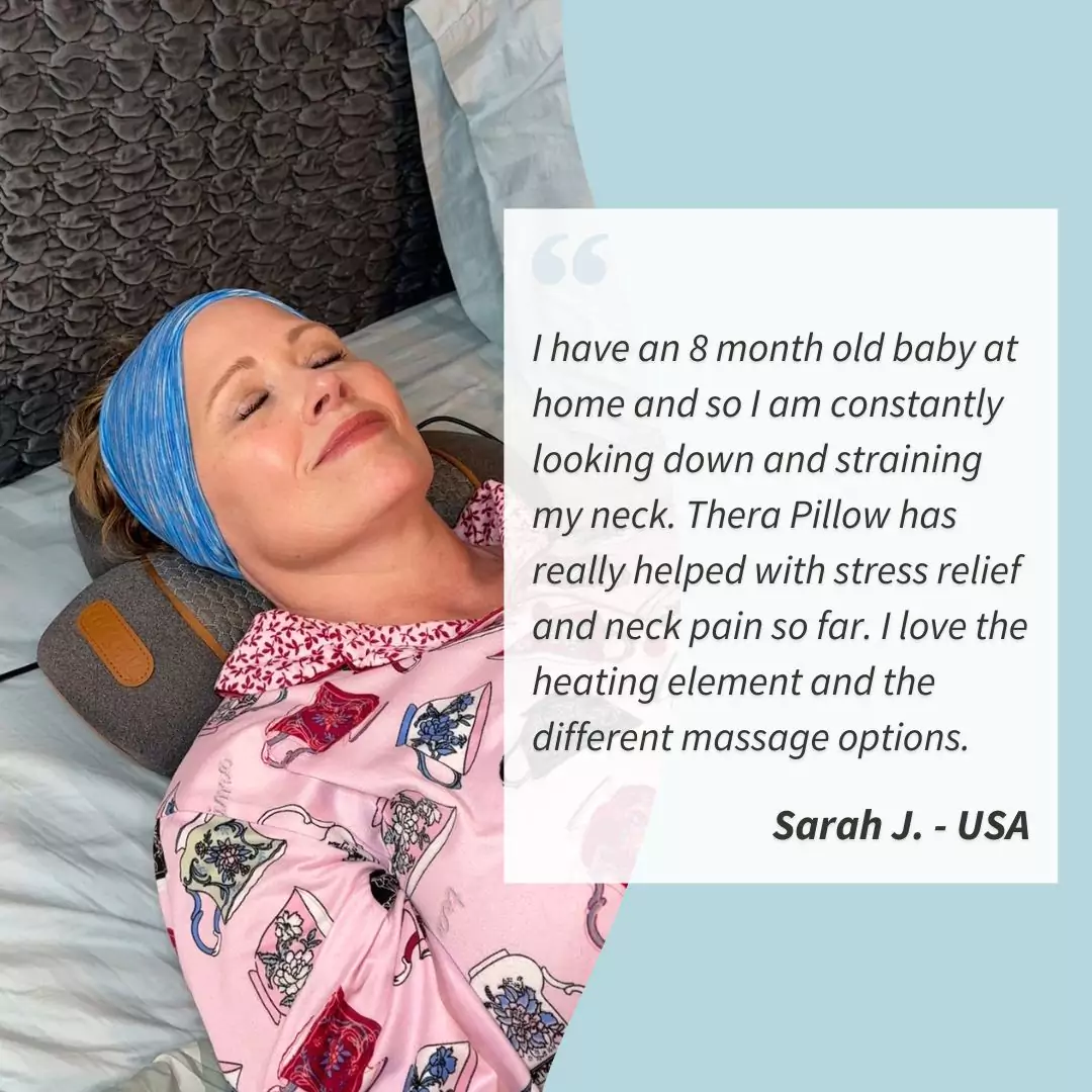 Woman smiling, holding a pillow, with a testimonial about neck pain relief beside her.