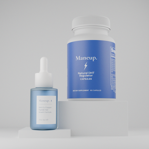 A blue dropper bottle and a capsule bottle on a white platform.