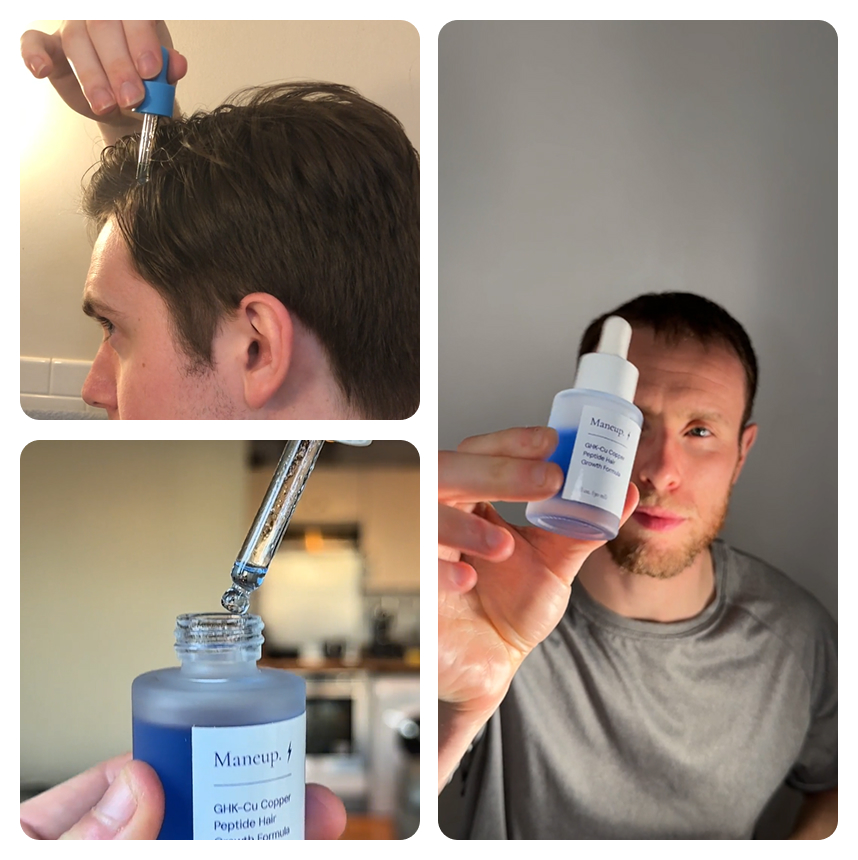 Collage: man applying serum to hair, close-up of dropper, man holding serum bottle.