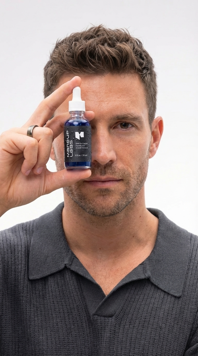 A man in a grey polo shirt holds a small blue bottle with a white dropper over one eye.