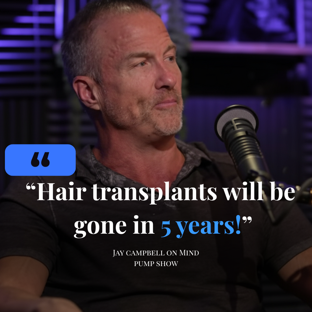A man, Jay Campbell, sits in front of a microphone with an overlaid quote about hair transplants.