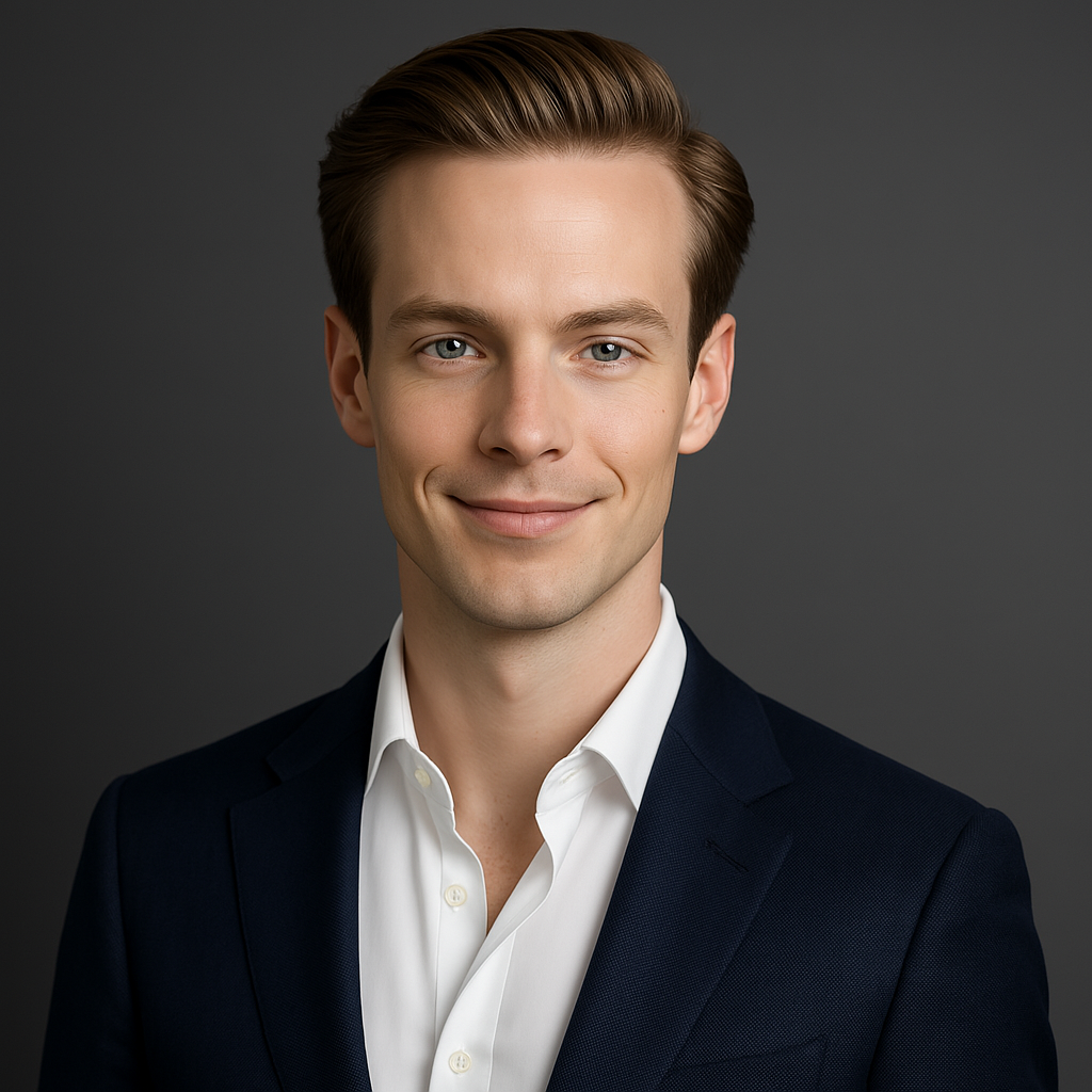 Smiling person in a suit with a neutral background.