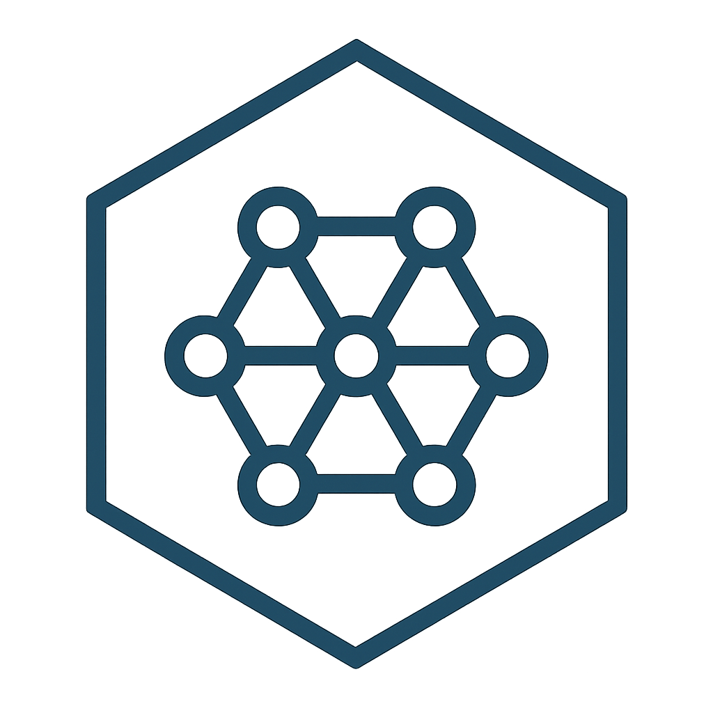 Hexagonal shape with a network of connected circles inside.