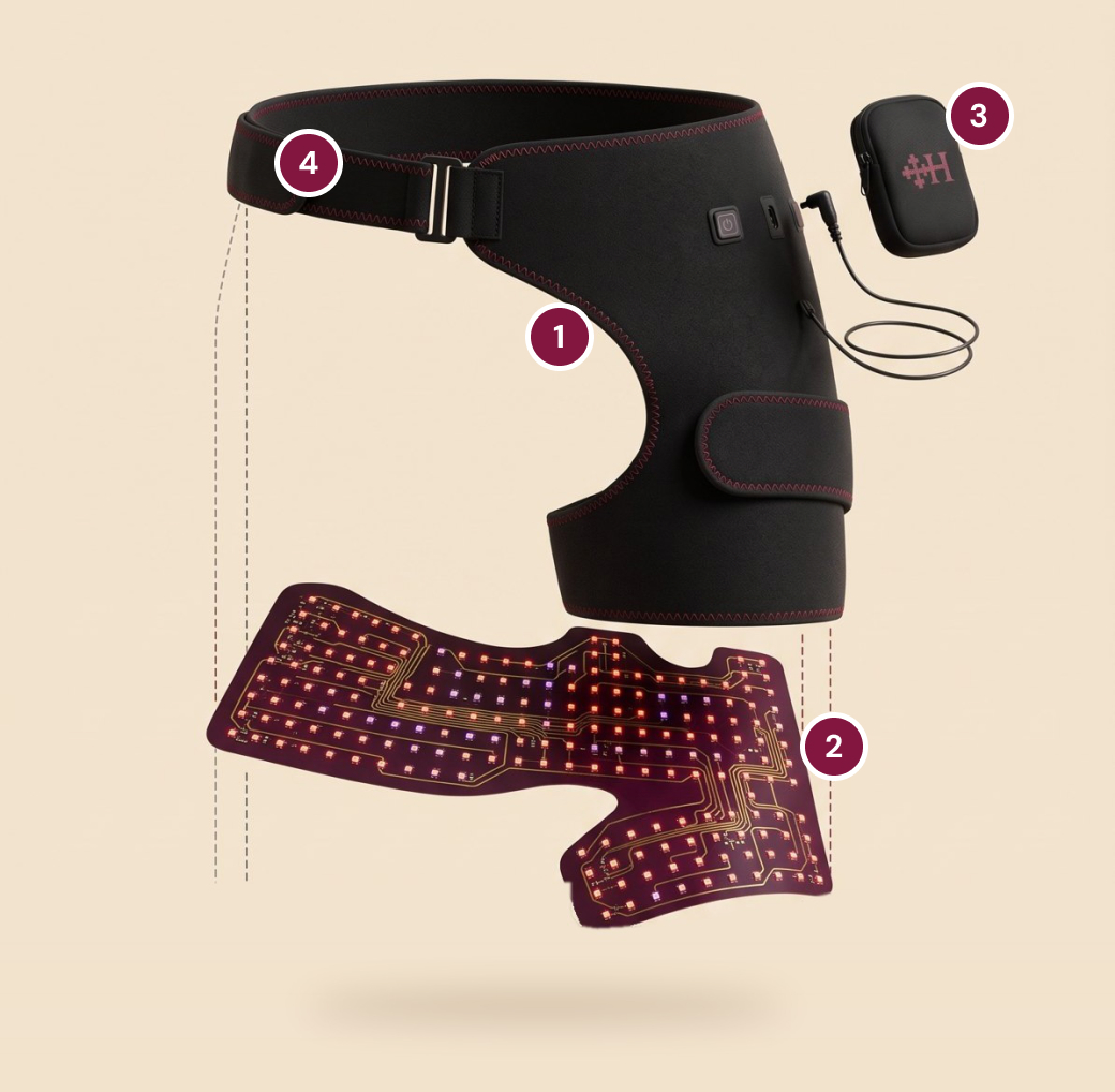 Exploded view of Halsten Stride: outer shell, triple-light panel, battery pack and straps