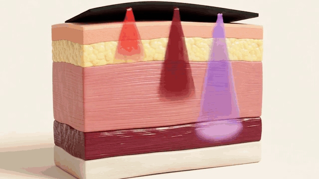 Three light beams entering layers of tissue, the deepest reaching the tendon