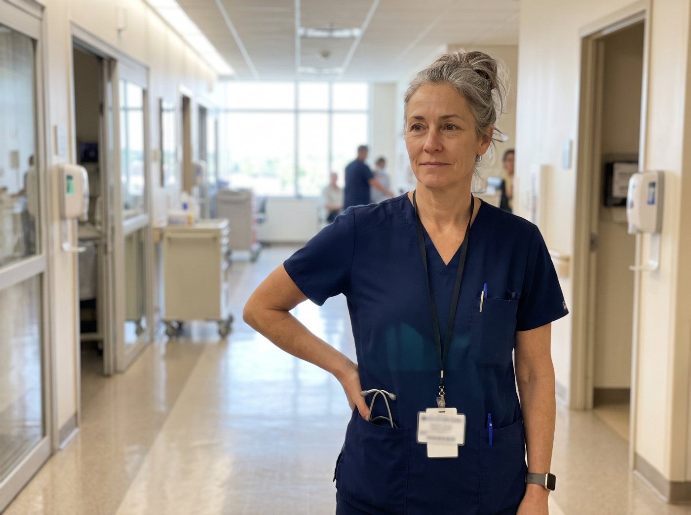 Nurse at the end of a shift holding her hip