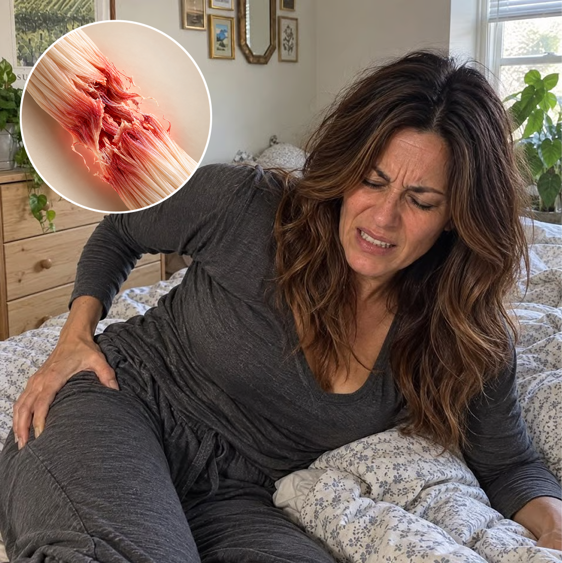 A woman in pain sits in bed holding her hip, with an inset showing damaged muscle fibers.